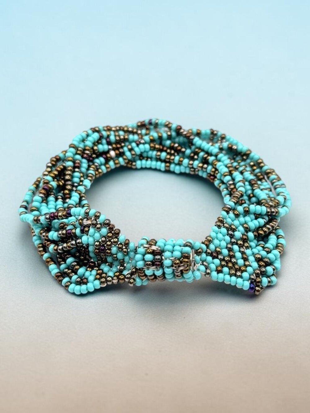 Turquoise and Bronze Colored Seed Bead Multi-Strand Bracelet
